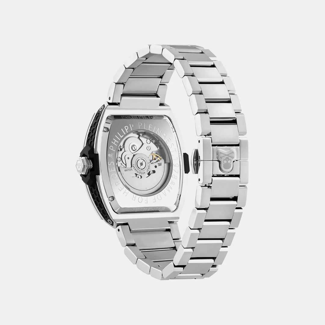 Philipp Plein The Skeleton Men 44mm Automatic Silver Tonneau Dial Stainless Steel Bracelet Watch PWJFA0425