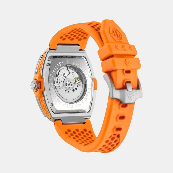 Philipp Plein The Skeleton Limited Edition Men 44mm Automatic Gun Tonneau Dial Orange Silicone Strap Watch PWJFA1225