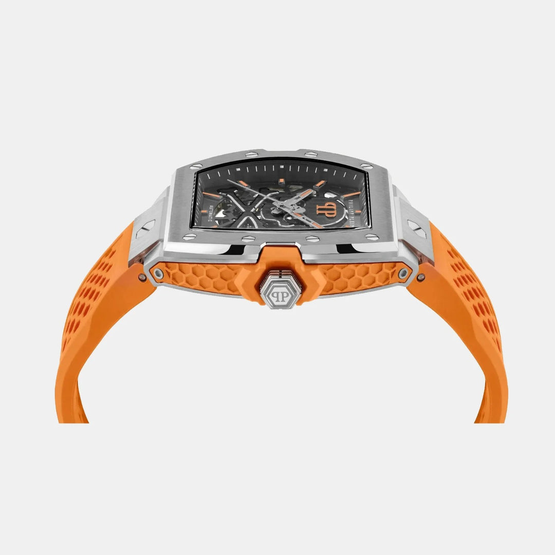 Philipp Plein The Skeleton Limited Edition Men 44mm Automatic Gun Tonneau Dial Orange Silicone Strap Watch PWJFA1225