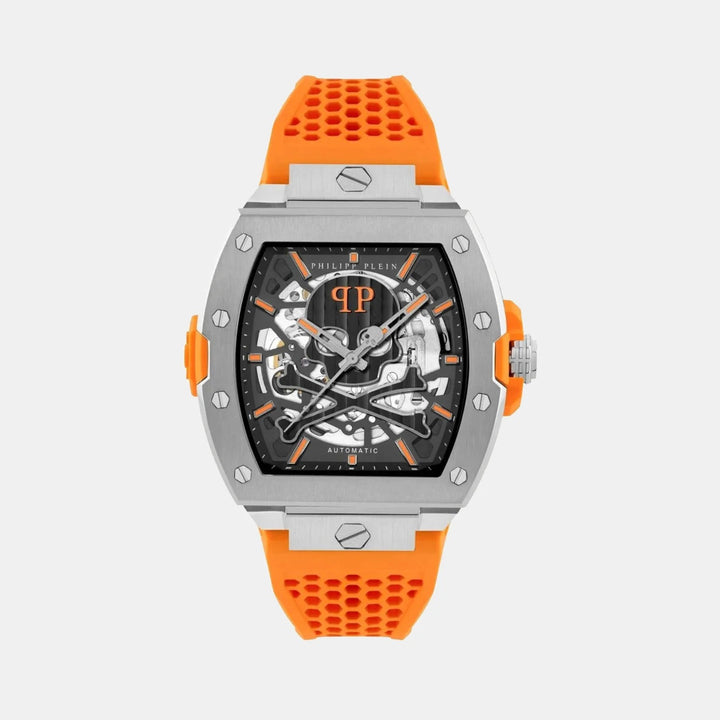 Philipp Plein The Skeleton Limited Edition Men 44mm Automatic Gun Tonneau Dial Orange Silicone Strap Watch PWJFA1225