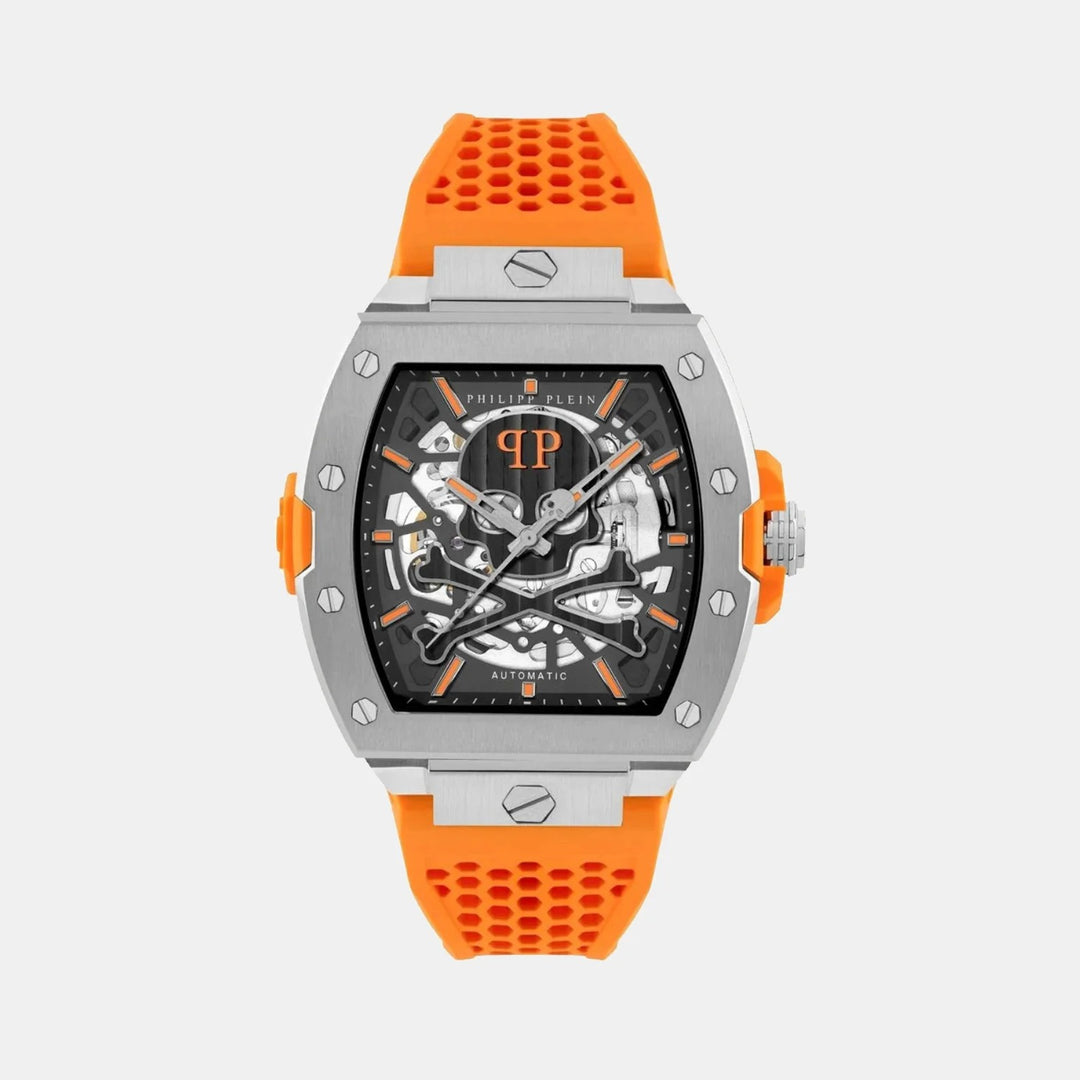 Philipp Plein The Skeleton Limited Edition Men 44mm Automatic Gun Tonneau Dial Orange Silicone Strap Watch PWJFA1225