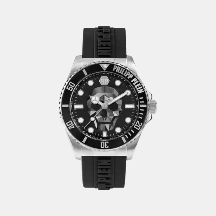 Philipp Plein The Skull Diver Men 44mm Quartz Black Dial Black Silicone Strap Watch PWOAA0122