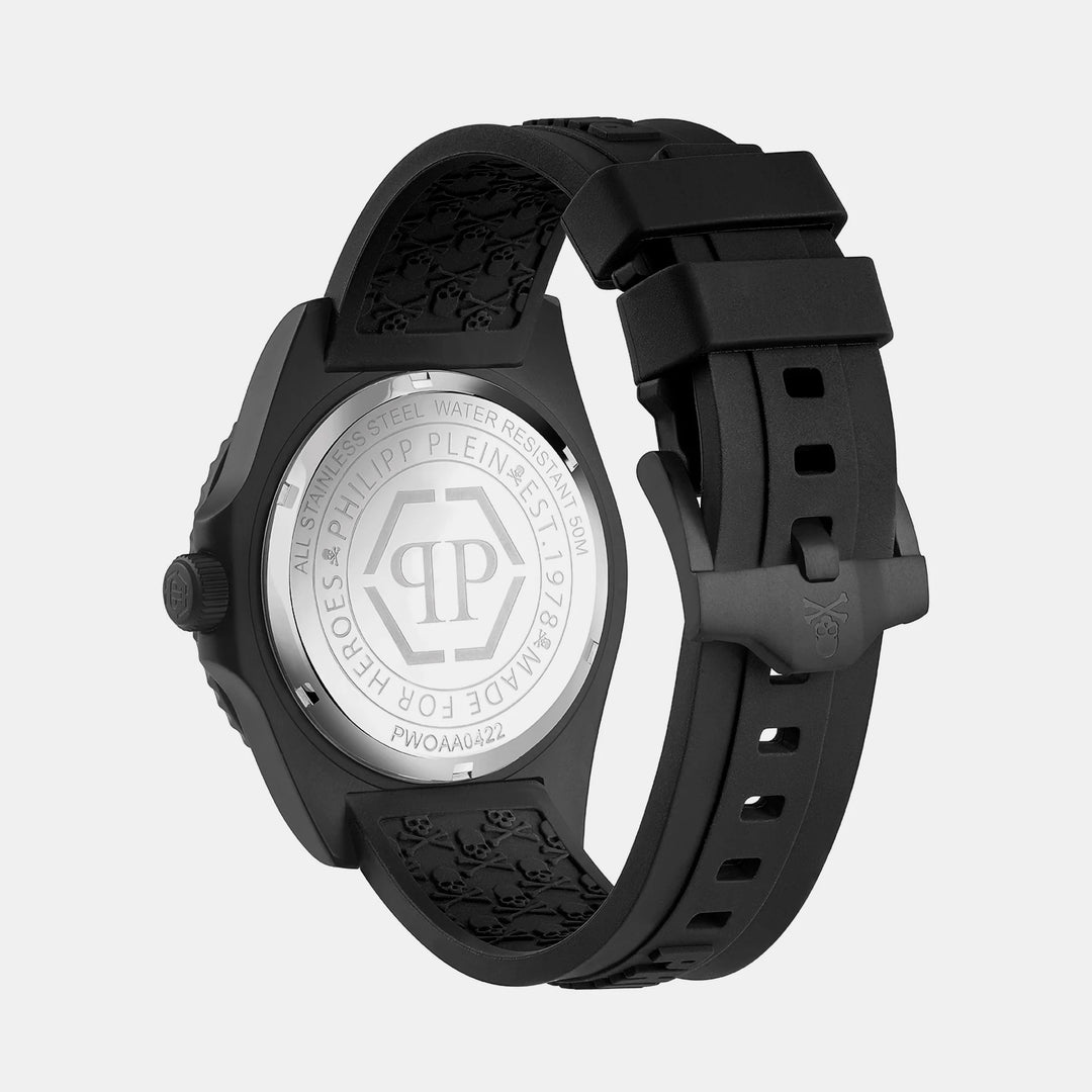 Philipp Plein The Skull Diver Men 44mm Quartz Black Dial Black Silicone Strap Watch PWOAA0422