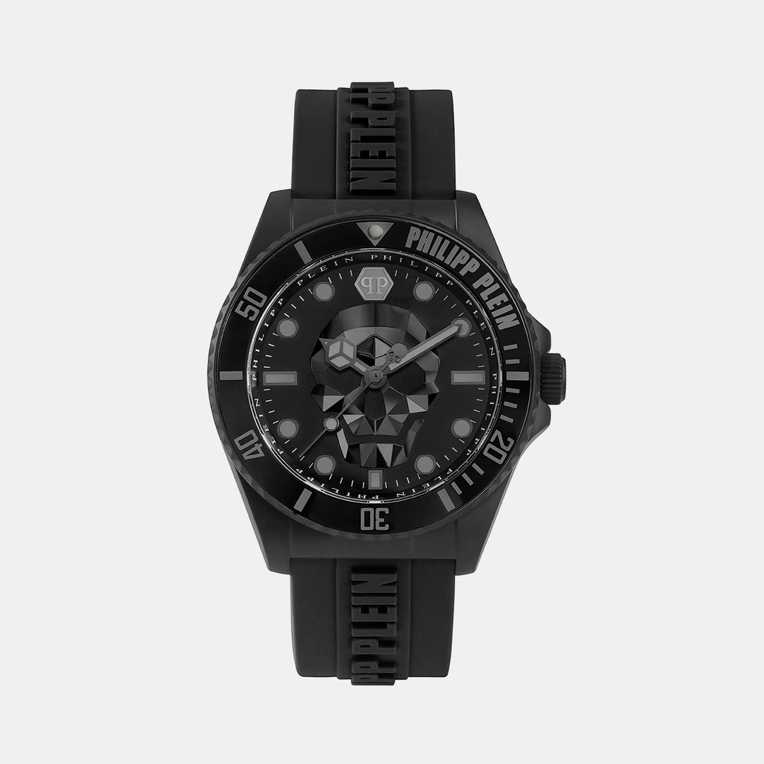 Philipp Plein The Skull Diver Men 44mm Quartz Black Dial Black Silicone Strap Watch PWOAA0422