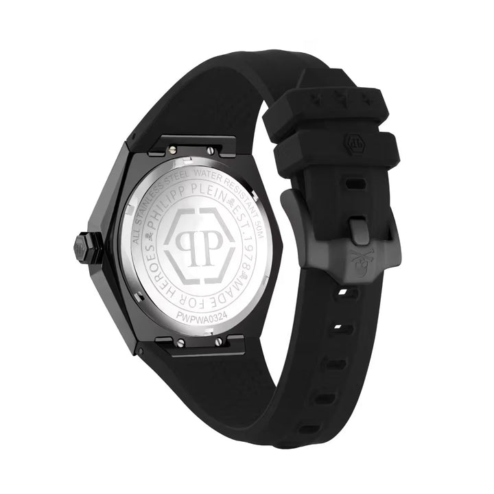 Philipp Plein The Skull Spikes Men 45mm Quartz Black Hexagon Dial Black Silicone Strap Watch PWPWA0324