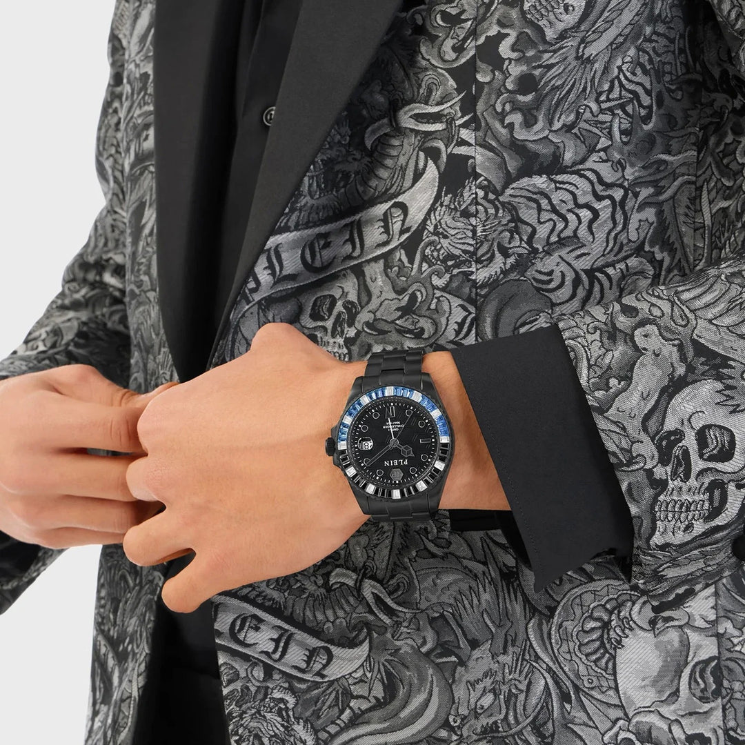Philipp Plein GMT-I Challenger Baguettes Men 44mm Quartz GMT Black Dial Black Stainless Steel Strap Watch PWPZA0324