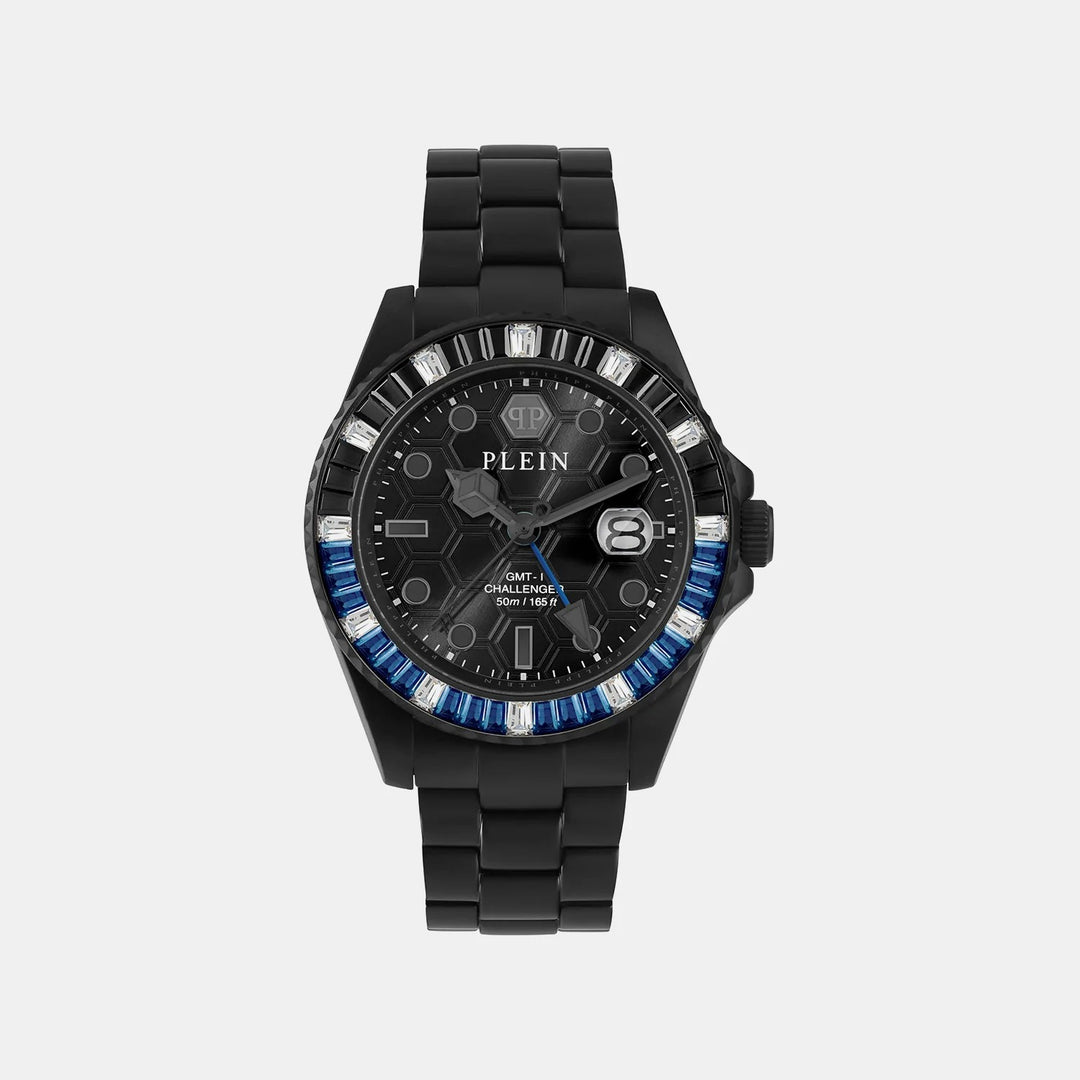 Philipp Plein GMT-I Challenger Baguettes Men 44mm Quartz GMT Black Dial Black Stainless Steel Strap Watch PWPZA0324