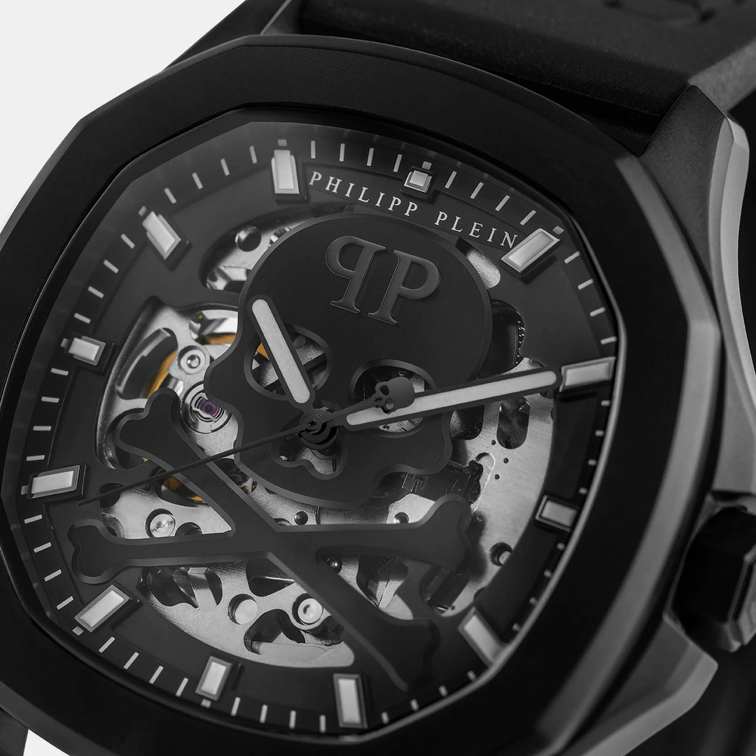 Philipp Plein Skeleton Spectre Men 42mm Automatic Black Dial Black Silicone Strap Watch PWRAA0923