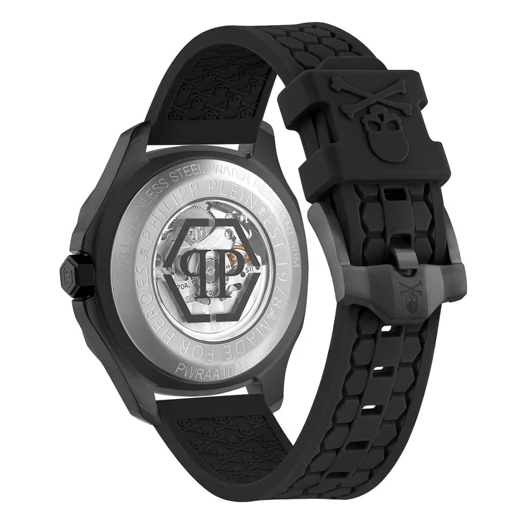 Philipp Plein Skeleton Spectre Men 42mm Automatic Black Dial Black Silicone Strap Watch PWRAA1023
