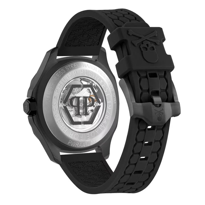 Philipp Plein Skeleton Spectre Men 42mm Automatic Black Dial Black Silicone Strap Watch PWRAA1023