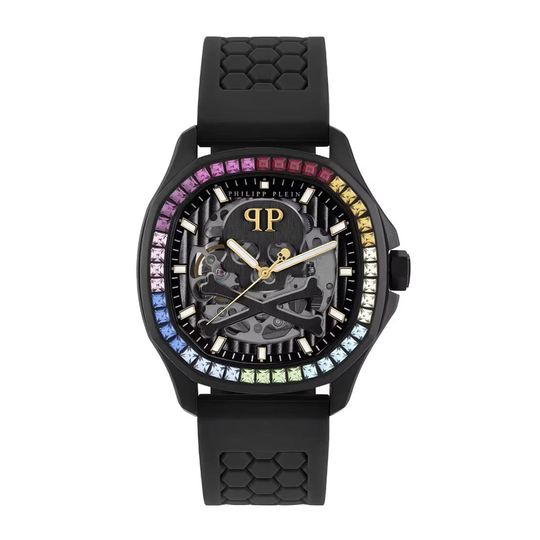 Philipp Plein Skeleton Spectre Men 42mm Automatic Black Dial Black Silicone Strap Watch PWRAA1023