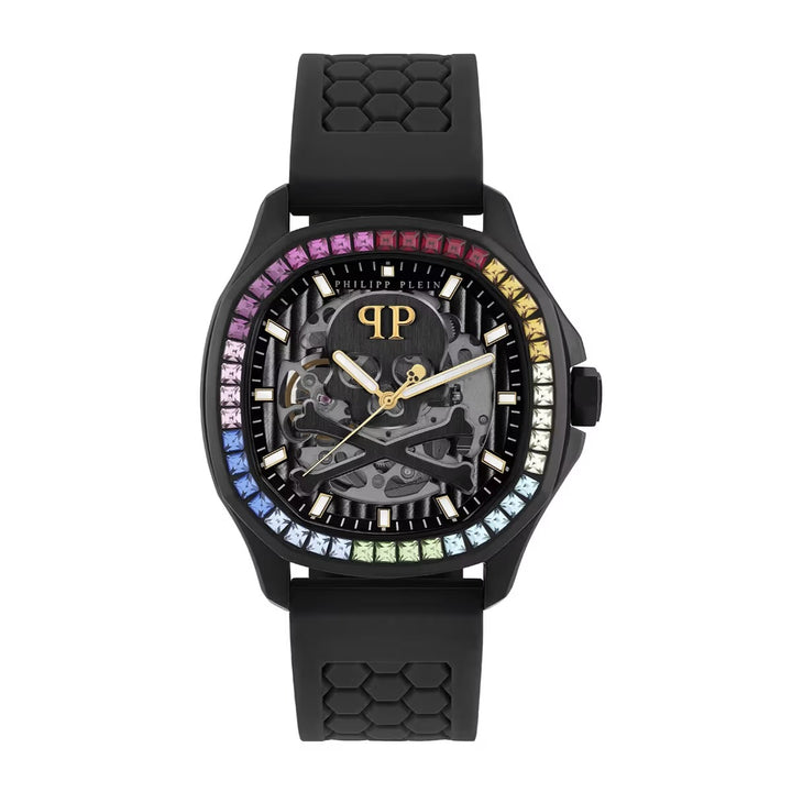 Philipp Plein Skeleton Spectre Men 42mm Automatic Black Dial Black Silicone Strap Watch PWRAA1023