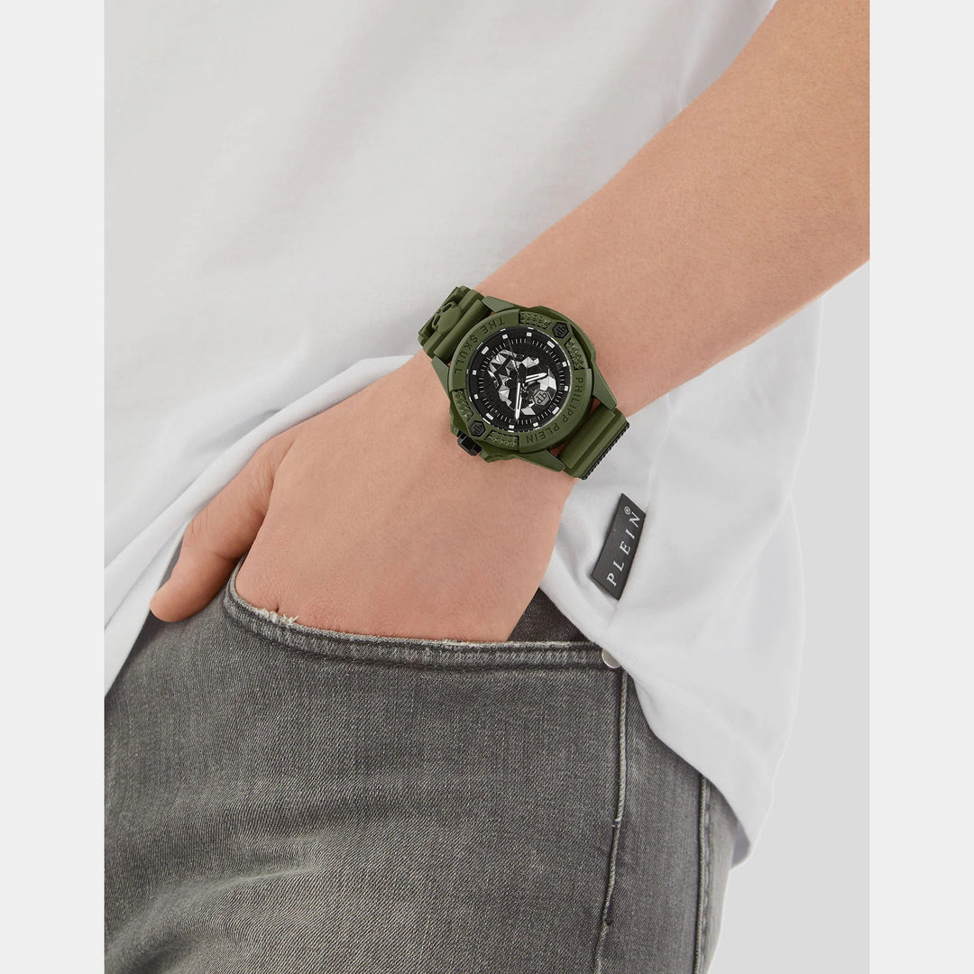 Philipp Plein The $Kull Men 44mm Quartz Black Dial Green Silicone Strap Watch PWUBA0423