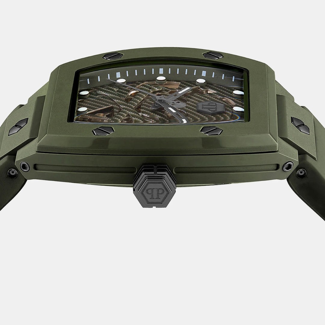 Philipp Plein The $keleton Ecoceramic Men 44mm Automatic Military Green Dial Green Silicone Strap Watch PWVBA0223