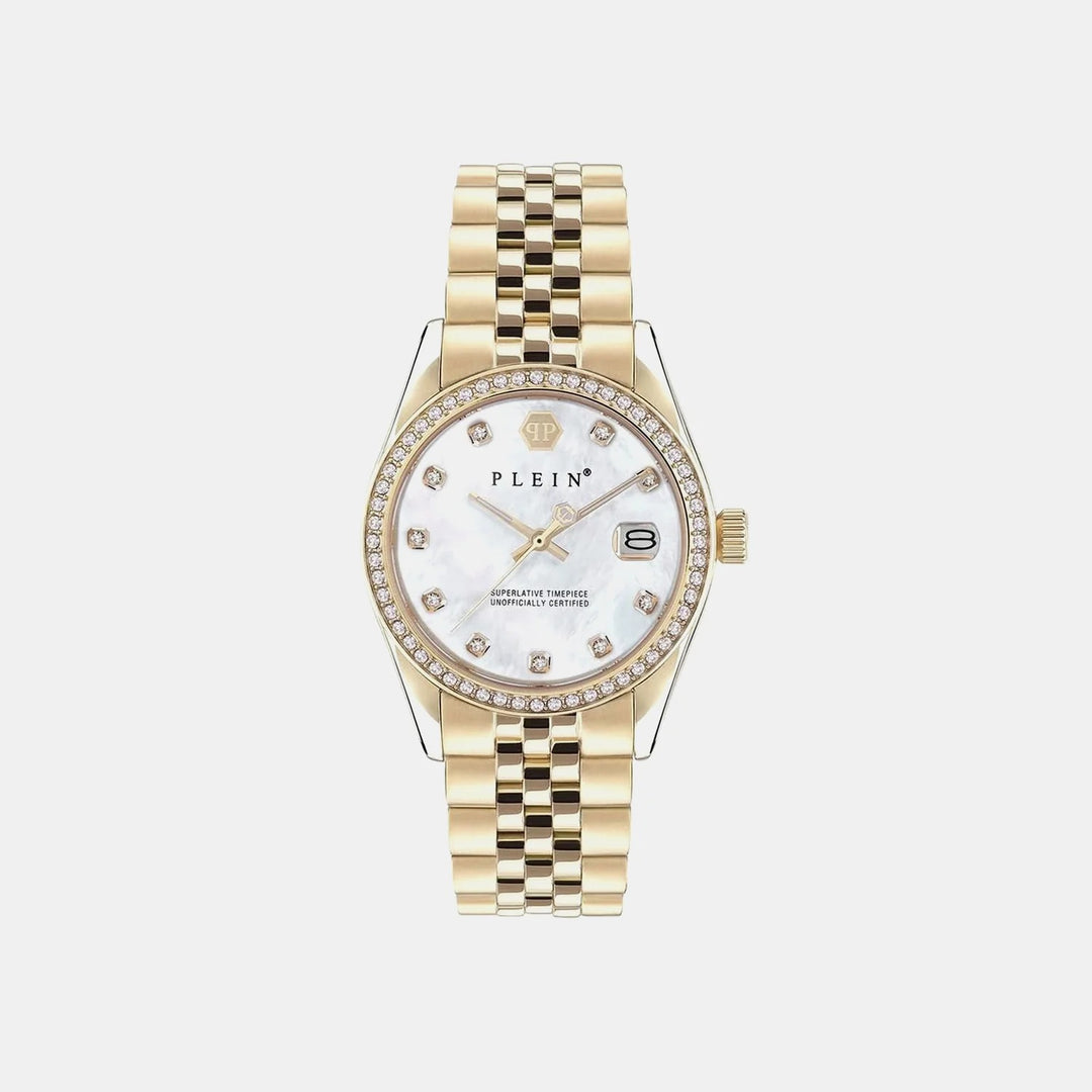 Philipp Plein Date Superlative Women 34mm Quartz Grey Dial Gold Stainless Steel Strap Watch PWYAA0323