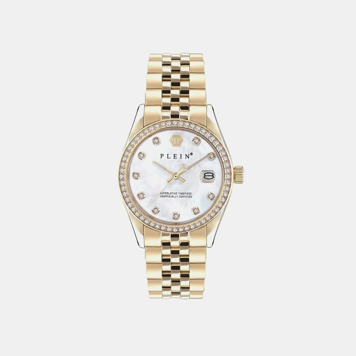 Philipp Plein Date Superlative Women 34mm Quartz Grey Dial Gold Stainless Steel Strap Watch PWYAA0323