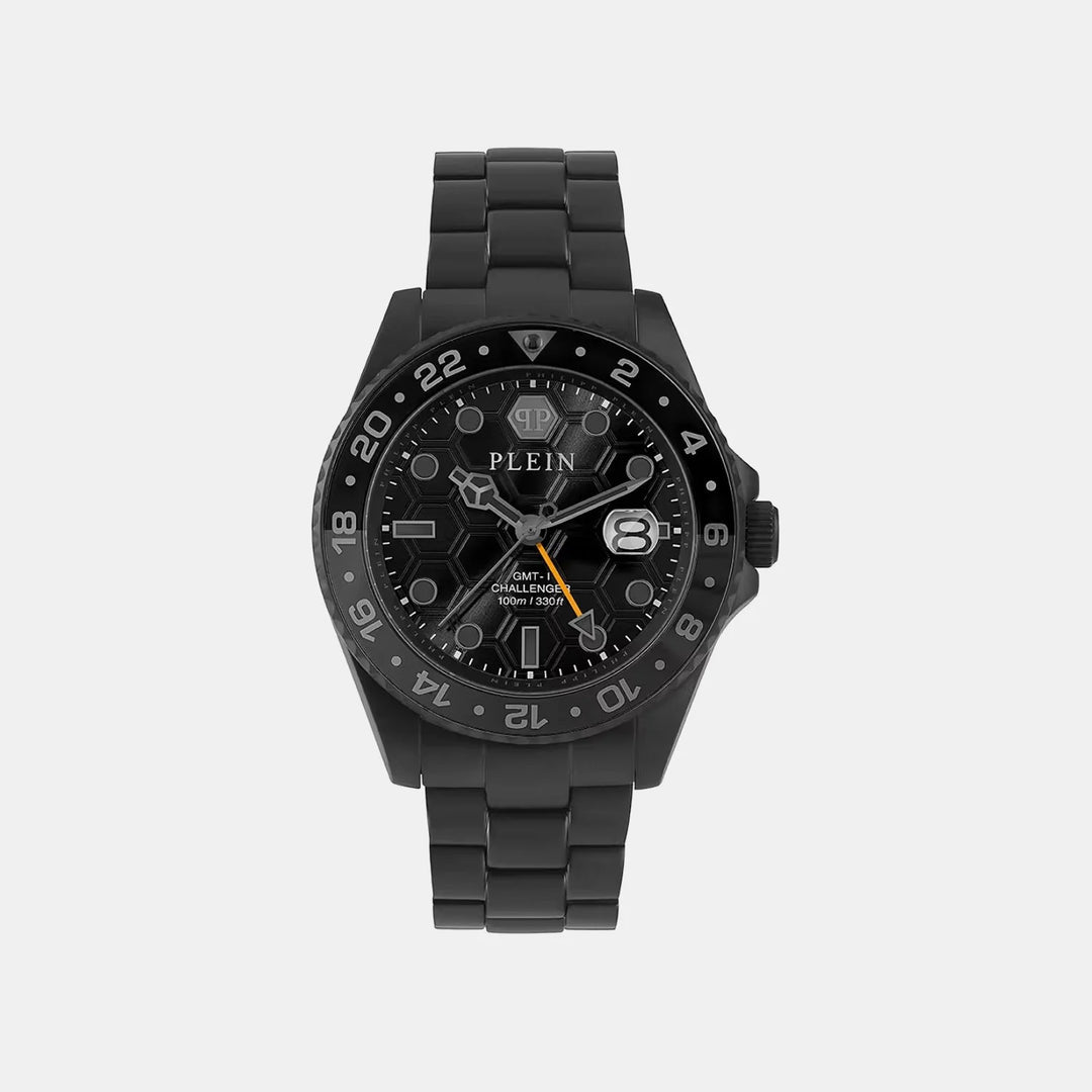 Philipp Plein GMT-I Challenger Men 42mm GMT Quartz Black Dial Silver Stainless Steel Strap Watch PWYBA0923