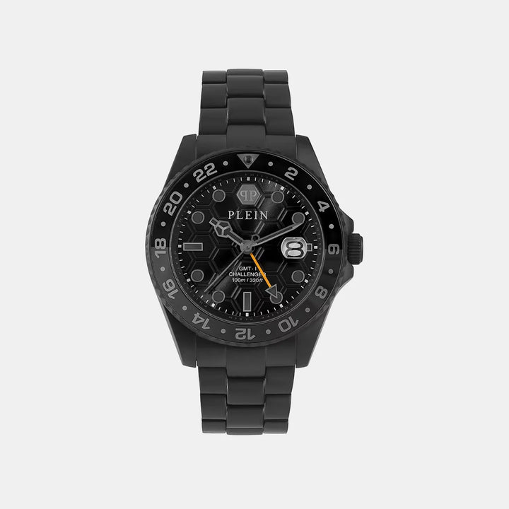 Philipp Plein GMT-I Challenger Men 42mm GMT Quartz Black Dial Silver Stainless Steel Strap Watch PWYBA0923