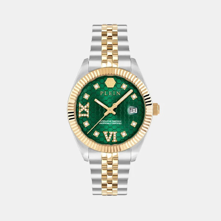 Philipp Plein Date Superlative Women 34mm Quartz Green Dial Two-Tone Stainless Steel Bracelet Watch PWYFA0225