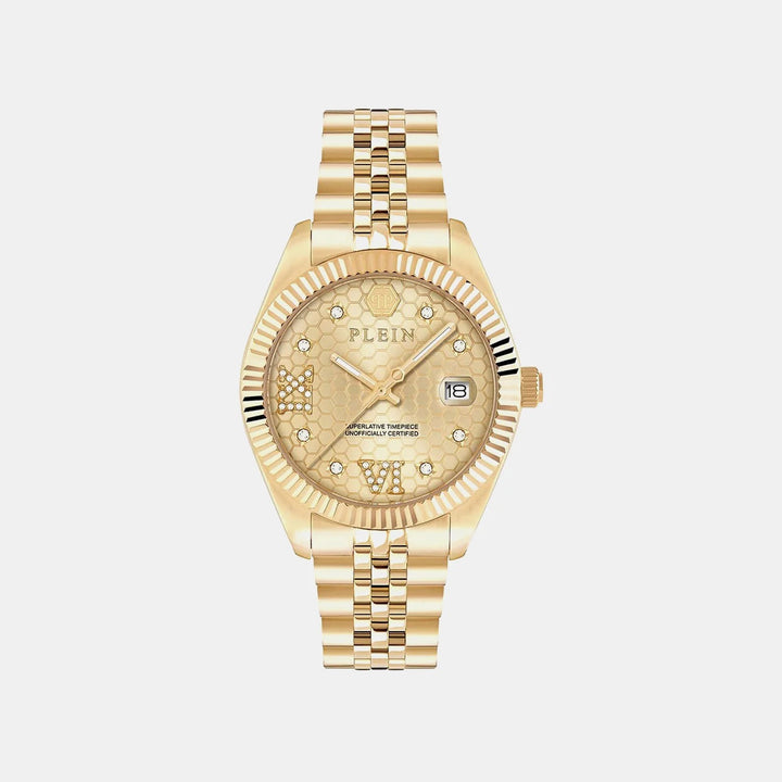 Philipp Plein Date Superlative Women 34mm Quartz Champagne Dial Yellow Gold Stainless Steel Bracelet Watch PWYFA0425