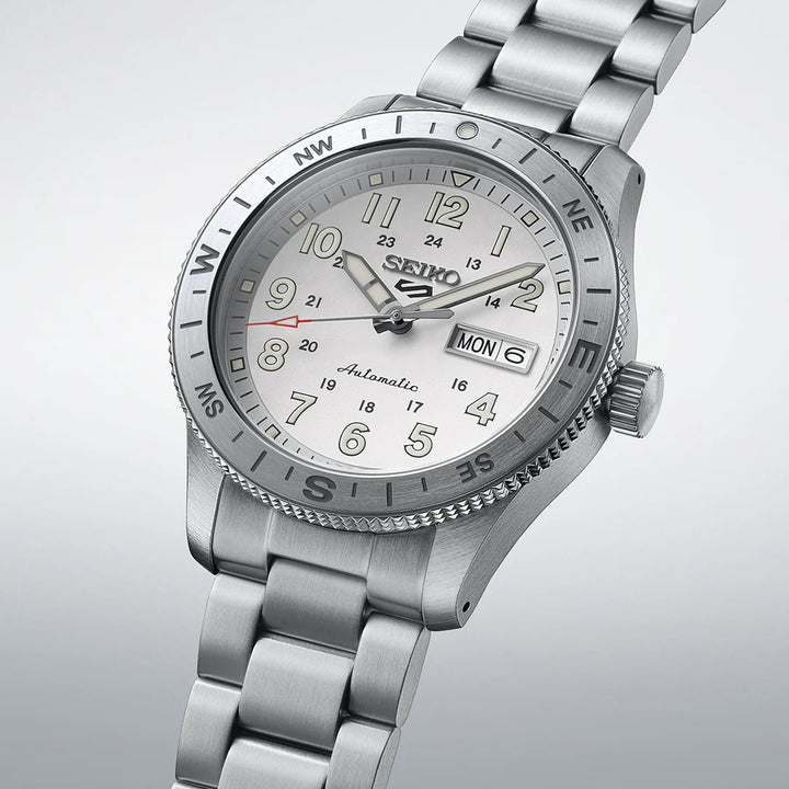 SEIKO 5 SPORTS FIELD WATCH AUTOMATIC – 41MM SILVER GREY DIAL COMPASS BEZEL STEEL BRACELET