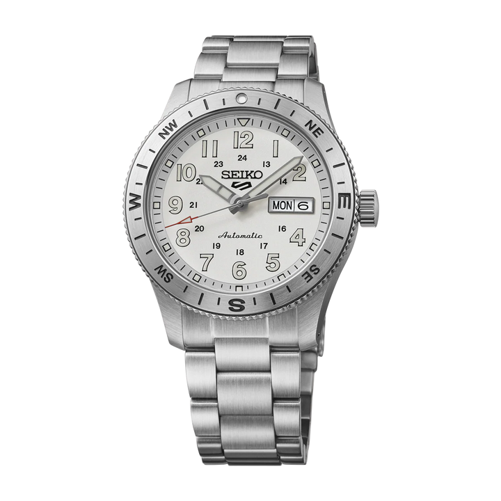 SEIKO 5 SPORTS FIELD WATCH AUTOMATIC – 41MM SILVER GREY DIAL COMPASS BEZEL STEEL BRACELET