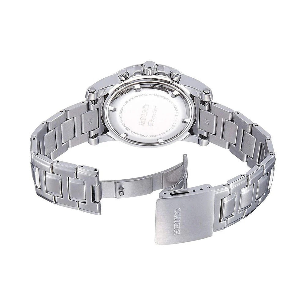 SEIKO PREMIER CHRONOGRAPH PERPETUAL CALENDAR QUARTZ WATCH – 42MM WHITE DIAL STEEL BRACELET