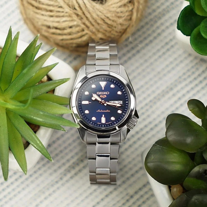 SEIKO 5 SPORTS COMPACT AUTOMATIC LADIES WATCH – 28MM BLUE DIAL STEEL BRACELET