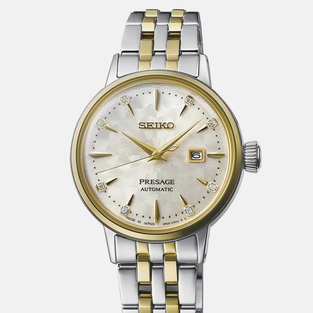 SEIKO PRESAGE COCKTAIL TIME WHITE LADY DIAMOND TWIST AUTOMATIC LADIES WATCH – 30.3MM CHAMPAGNE DIAL GOLD-TONE BRACELET