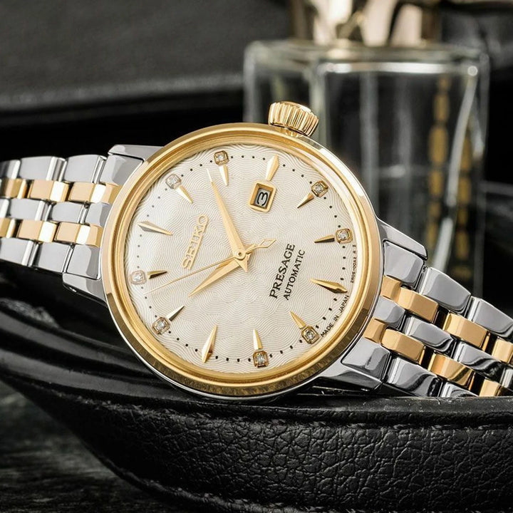 SEIKO PRESAGE COCKTAIL TIME WHITE LADY DIAMOND TWIST AUTOMATIC LADIES WATCH – 30.3MM CHAMPAGNE DIAL GOLD-TONE BRACELET
