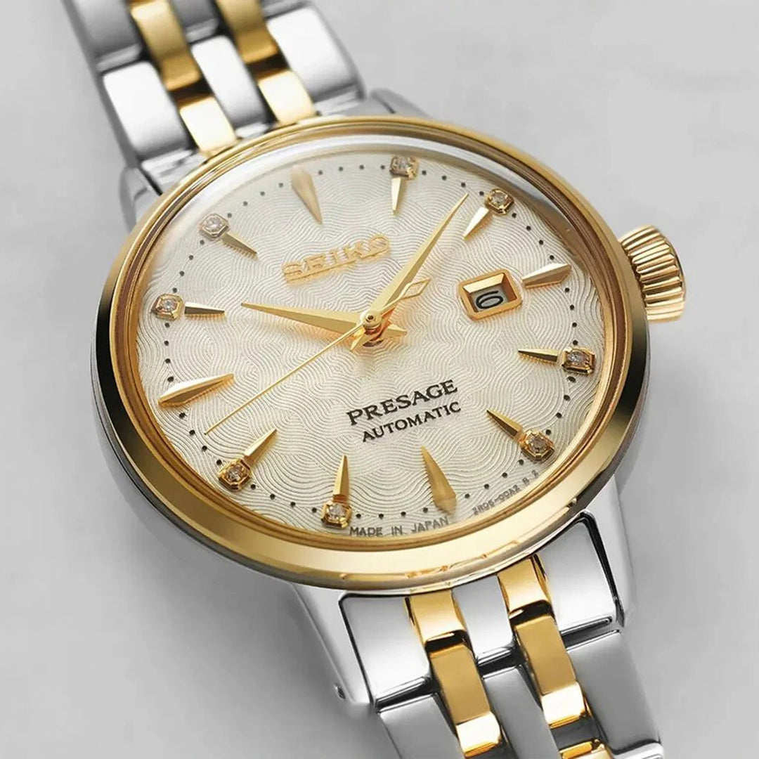 SEIKO PRESAGE COCKTAIL TIME WHITE LADY DIAMOND TWIST AUTOMATIC LADIES WATCH – 30.3MM CHAMPAGNE DIAL GOLD-TONE BRACELET