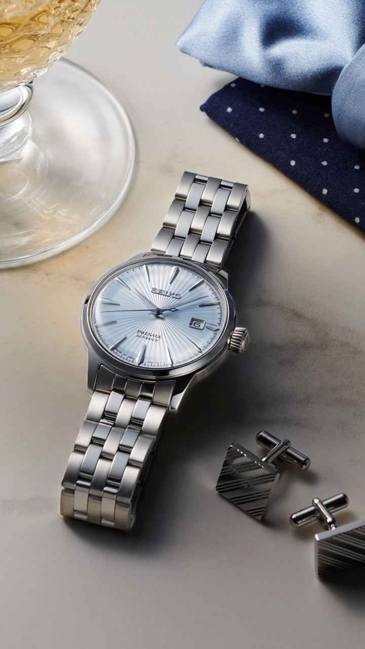 SEIKO PRESAGE COCKTAIL TIME SKY DIVING LADIES AUTOMATIC WATCH – 34MM BLUE DIAL GOLD-TONE BRACELET