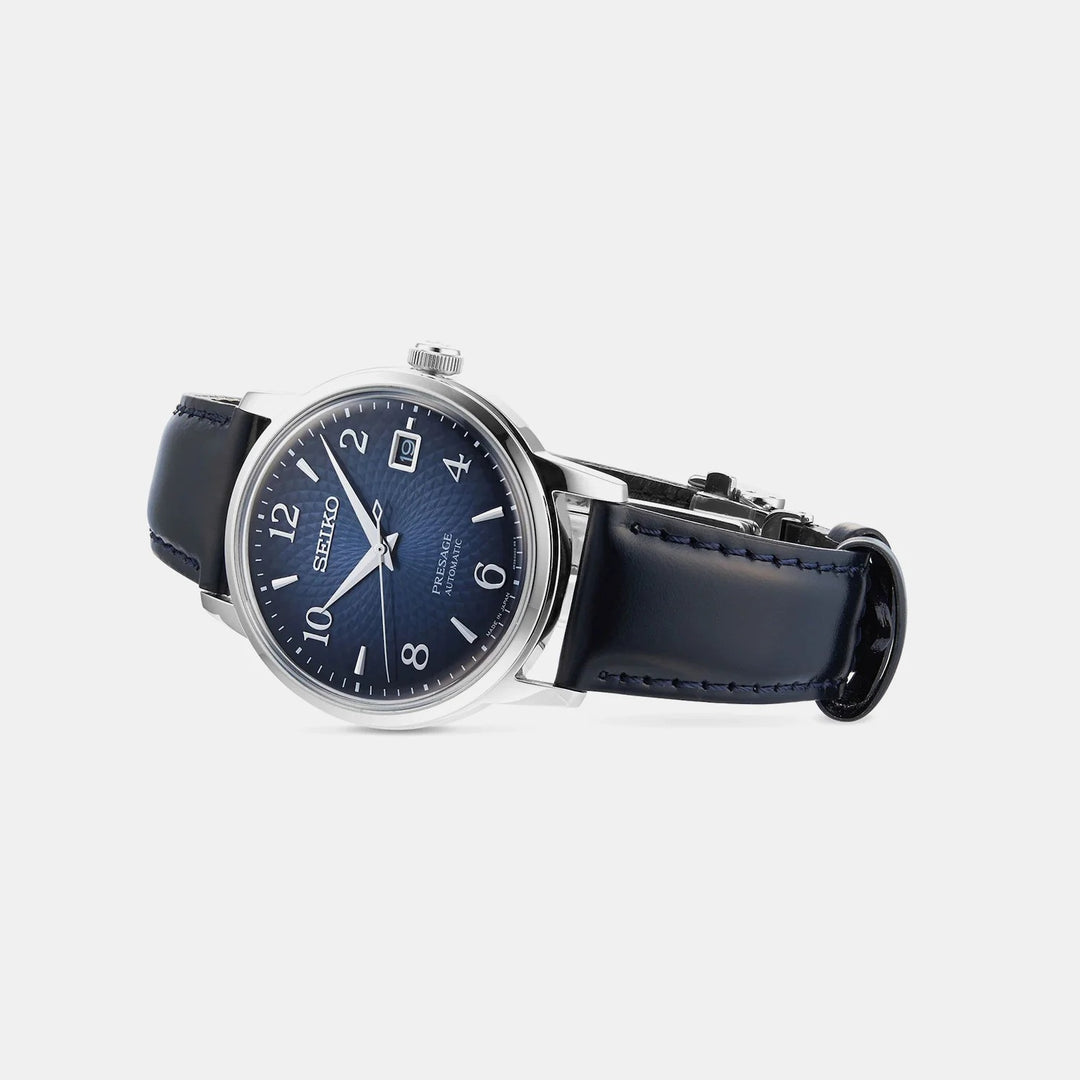 SEIKO PRESAGE COCKTAIL TIME MANHATTAN AUTOMATIC WATCH – 38.5MM NAVY BLUE DIAL BLACK LEATHER STRAP