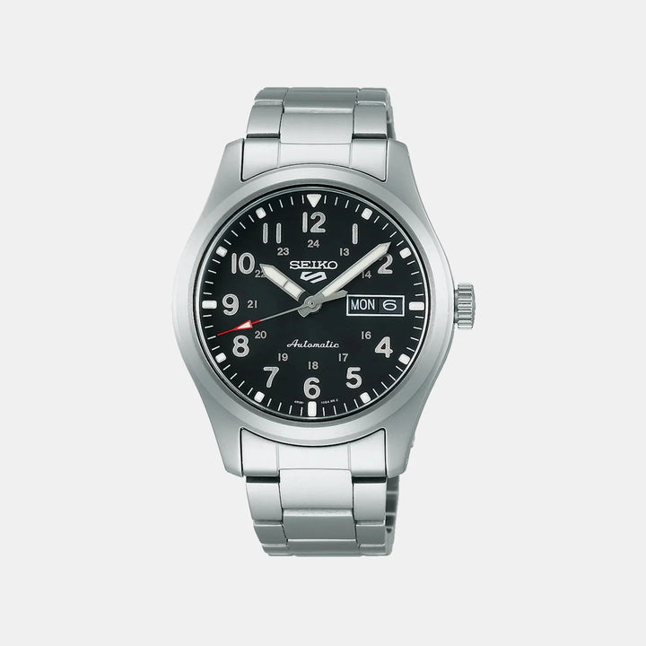 SEIKO 5 SPORTS FIELD AUTOMATIC WATCH – 39.4MM BLACK ARABIC DIAL STEEL BRACELET