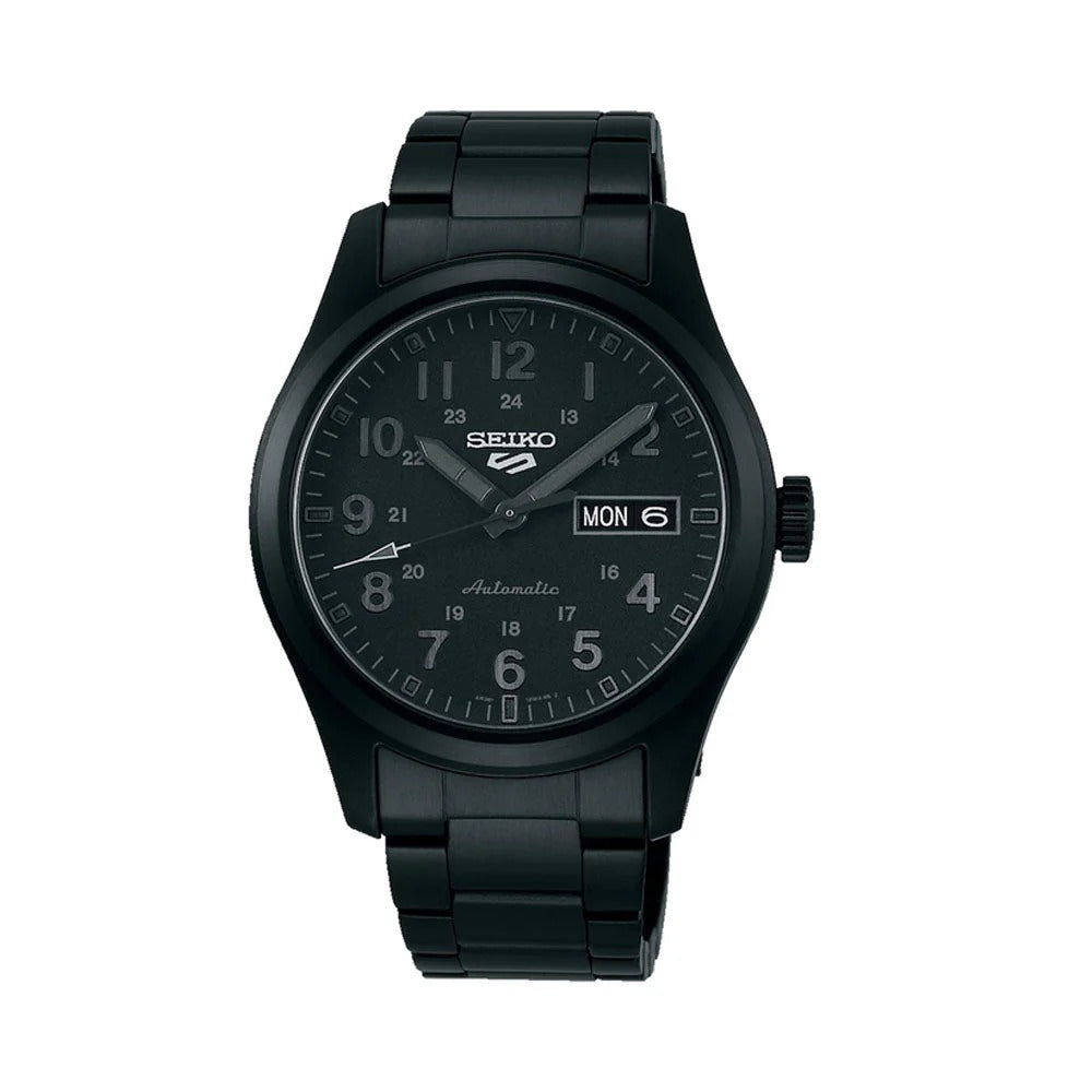 SEIKO 5 SPORTS STEALTH FIELD AUTOMATIC WATCH – 39.4MM BLACK DIAL BLACK-TONE STEEL BRACELET