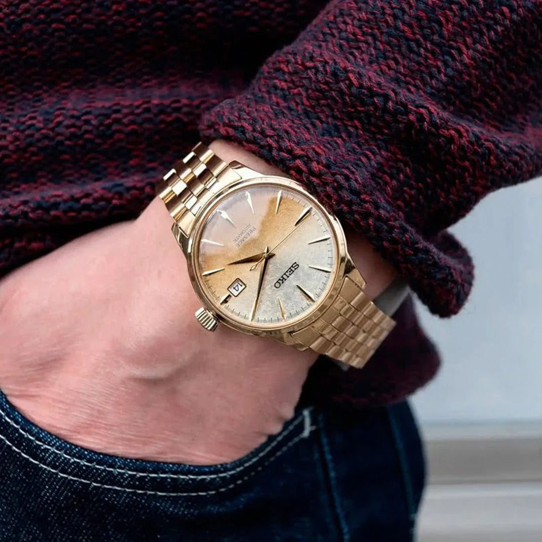 SEIKO PRESAGE COCKTAIL TIME BEER JULEP AUTOMATIC WATCH – 40.5MM GOLD AMBER DIAL GOLD-TONE STEEL BRACELET