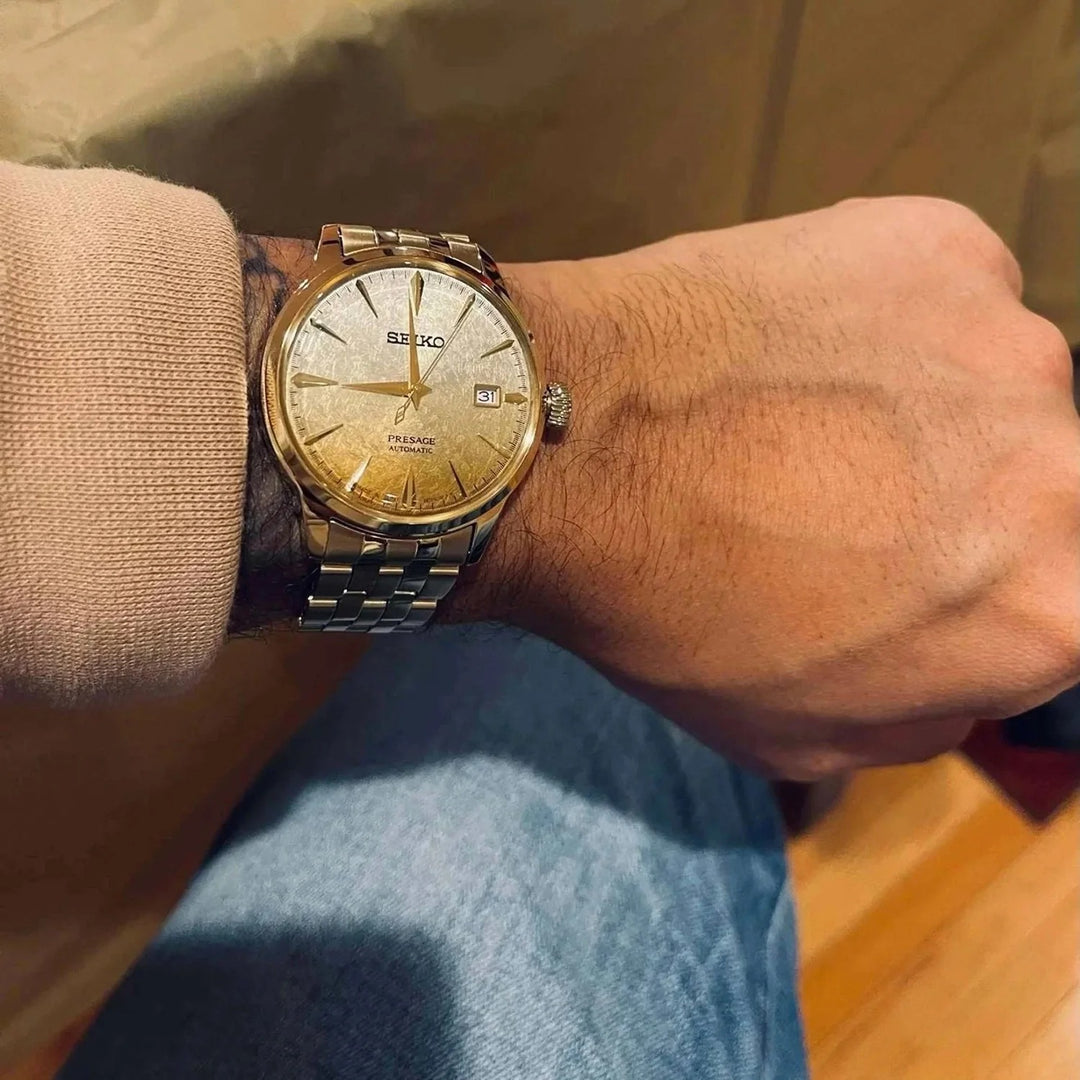 SEIKO PRESAGE COCKTAIL TIME BEER JULEP AUTOMATIC WATCH – 40.5MM GOLD AMBER DIAL GOLD-TONE STEEL BRACELET