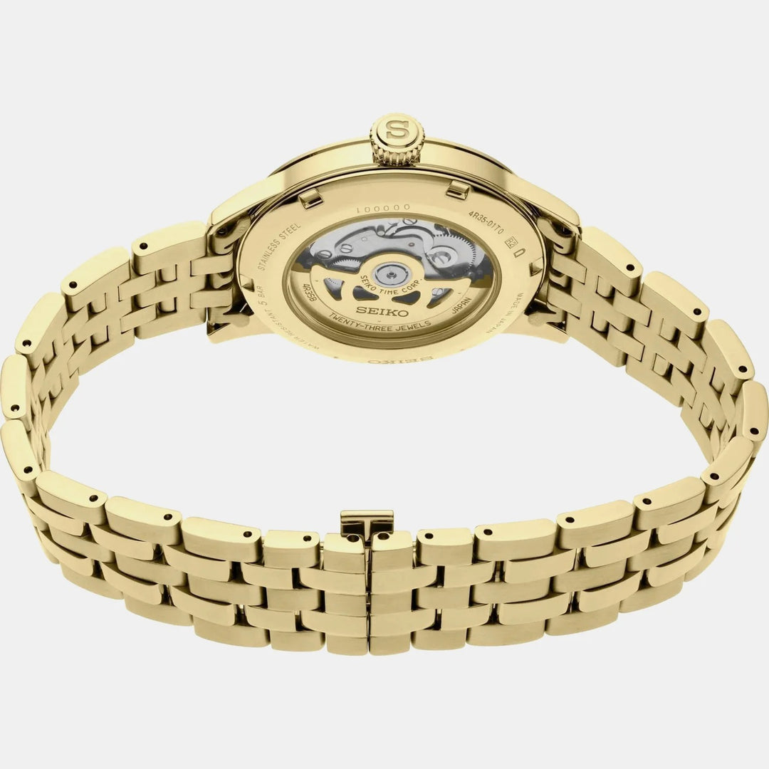 SEIKO PRESAGE COCKTAIL TIME BEER JULEP AUTOMATIC WATCH – 40.5MM GOLD AMBER DIAL GOLD-TONE STEEL BRACELET