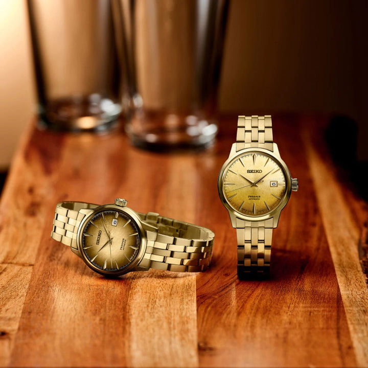 SEIKO PRESAGE COCKTAIL TIME HALF AND HALF AUTOMATIC WATCH – 40.5MM GOLD TWO-TONE DIAL GOLD-TONE STEEL BRACELET