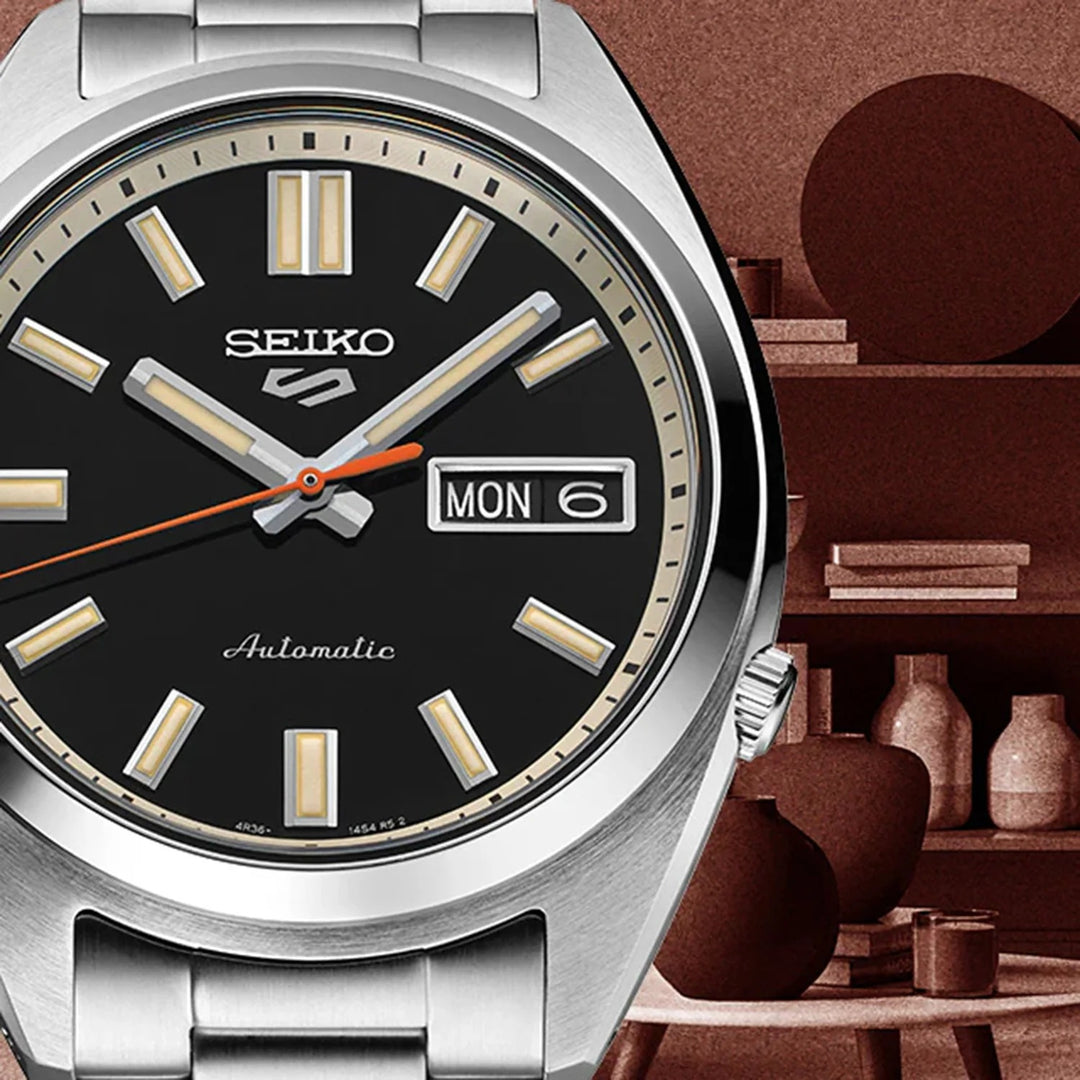 SEIKO 5 SPORTS SNXS COMPACT AUTOMATIC WATCH – 37.4MM BLACK DIAL STEEL BRACELET