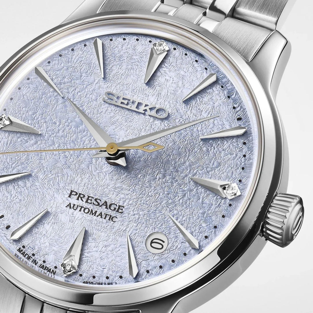 SEIKO PRESAGE COCKTAIL TIME LADIES AUTOMATIC WATCH – 34MM BLUE DIAMOND DIAL SAPPHIRE CRYSTAL STEEL BRACELET