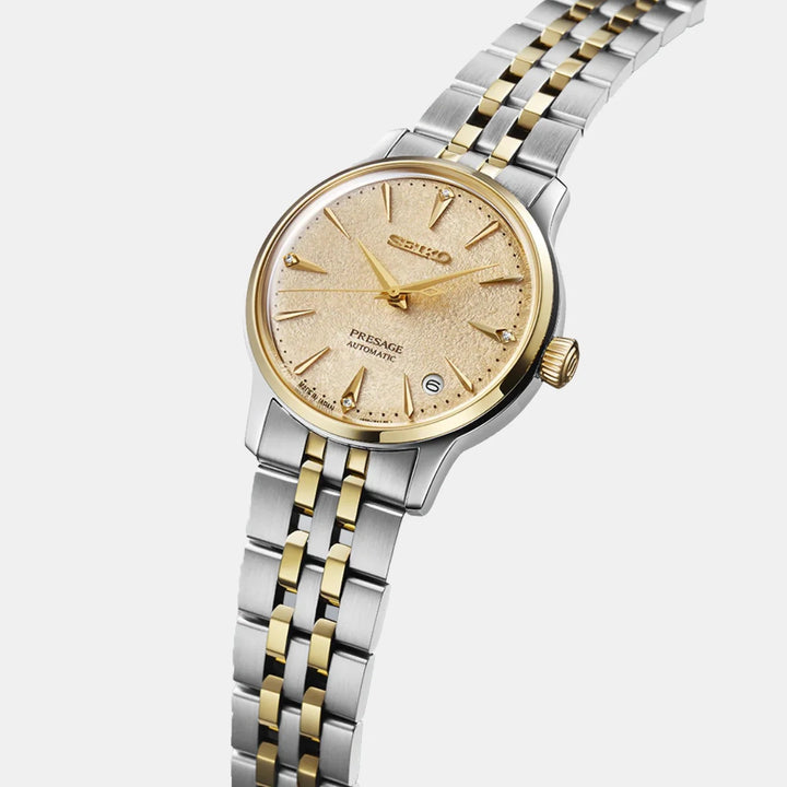SEIKO PRESAGE COCKTAIL TIME FROZEN DAIQUIRI AUTOMATIC LADIES WATCH – 34MM YELLOW GOLD DIAMOND DIAL STEEL BRACELET