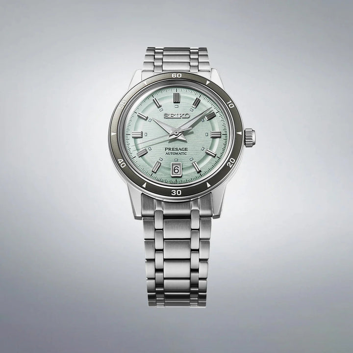 SEIKO PRESAGE STYLE 60S AUTOMATIC WATCH – 39.5MM ICE GREEN DIAL DAUPHINE HANDS STEEL BRACELET