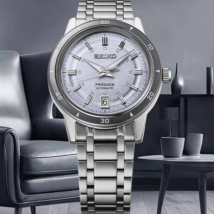 SEIKO PRESAGE STYLE 60S AUTOMATIC WATCH – 39.5MM SILVERY VIOLET DIAL DAUPHINE HANDS STEEL BRACELET