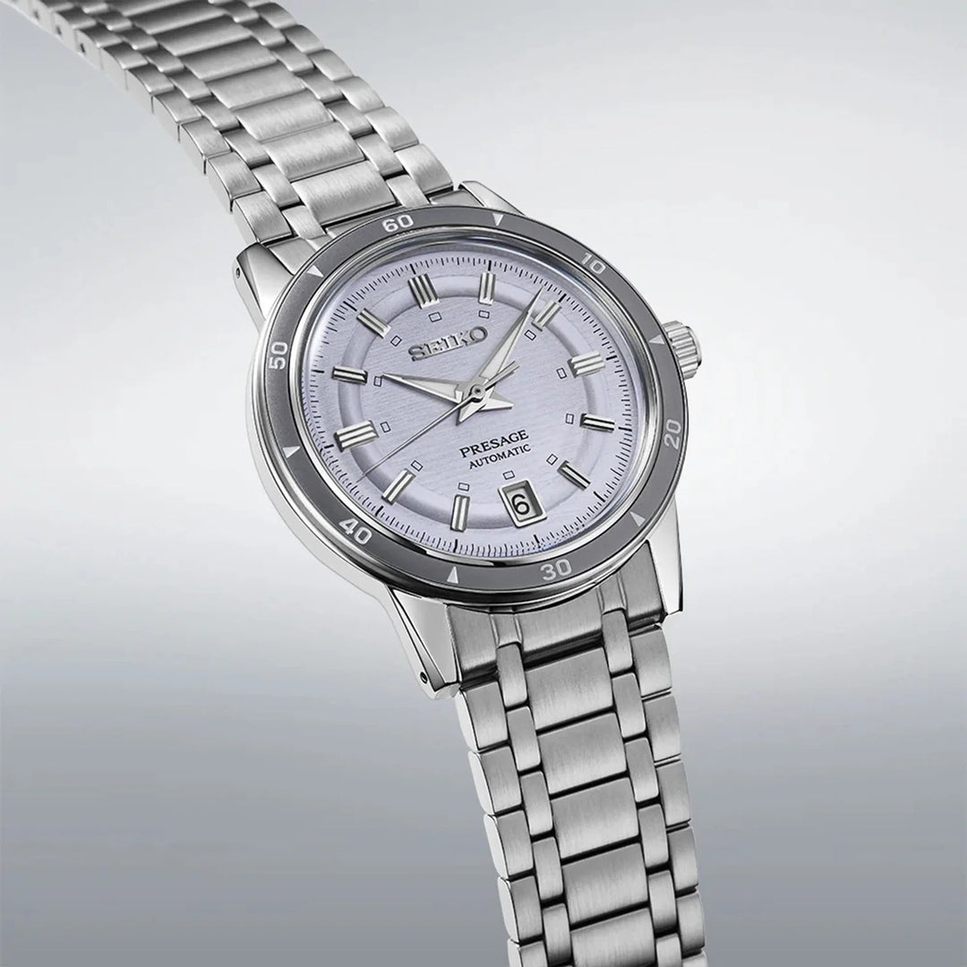 SEIKO PRESAGE STYLE 60S AUTOMATIC WATCH – 39.5MM SILVERY VIOLET DIAL DAUPHINE HANDS STEEL BRACELET