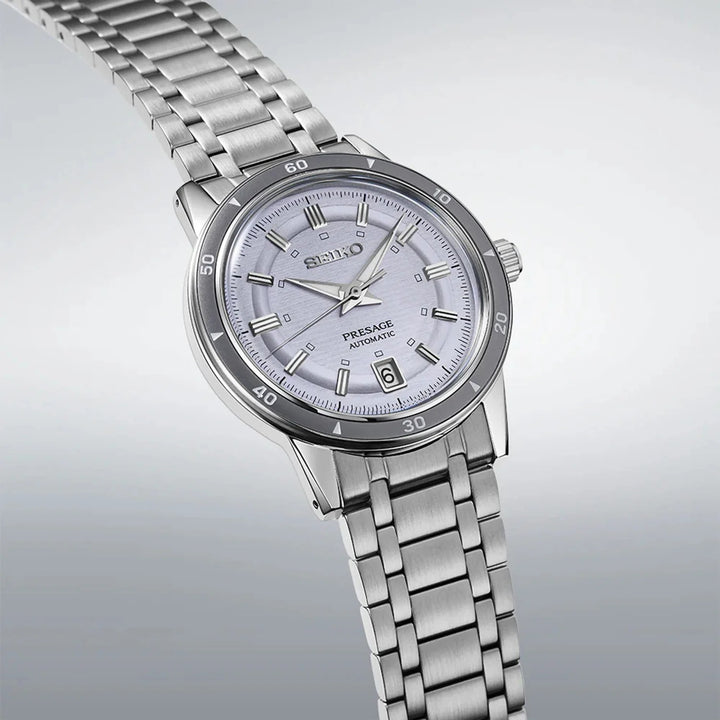 SEIKO PRESAGE STYLE 60S AUTOMATIC WATCH – 39.5MM SILVERY VIOLET DIAL DAUPHINE HANDS STEEL BRACELET