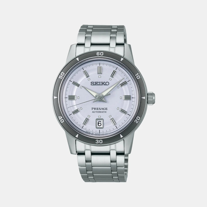 SEIKO PRESAGE STYLE 60S AUTOMATIC WATCH – 39.5MM SILVERY VIOLET DIAL DAUPHINE HANDS STEEL BRACELET
