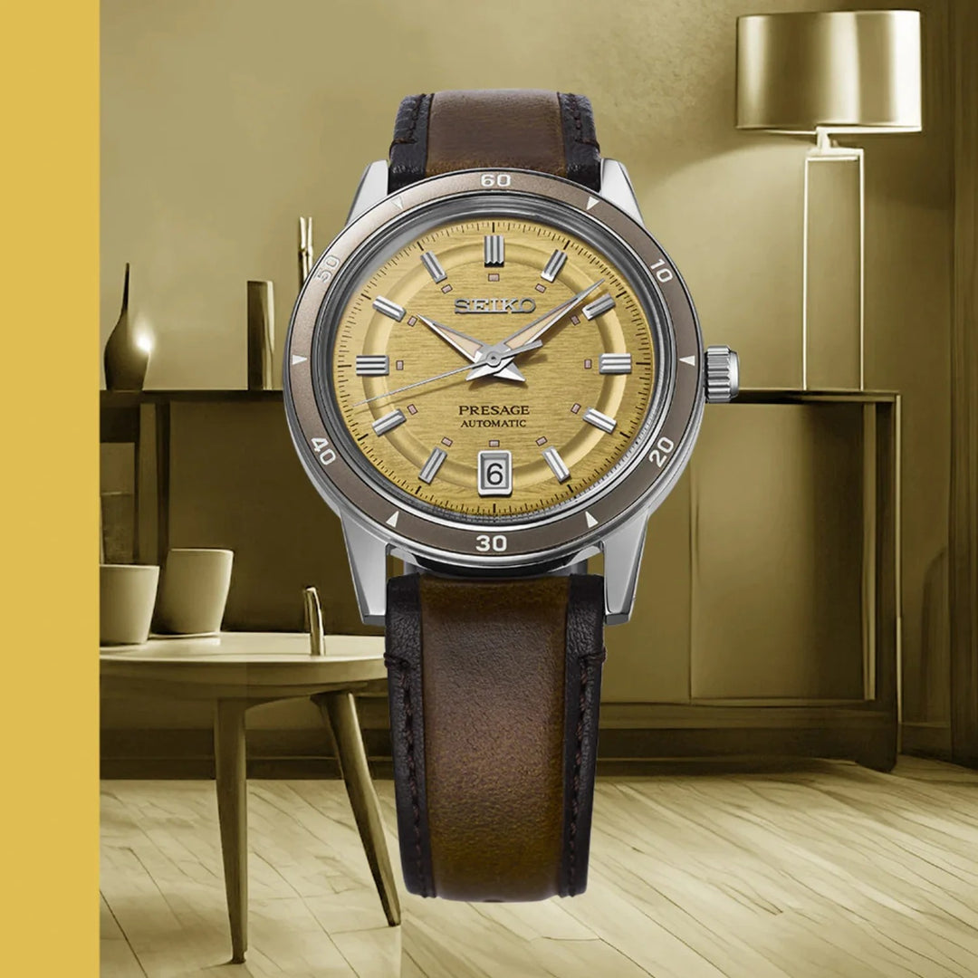 SEIKO PRESAGE STYLE 60S AUTOMATIC WATCH – 39.5MM GOLDEN YELLOW SECTOR DIAL LEATHER STRAP
