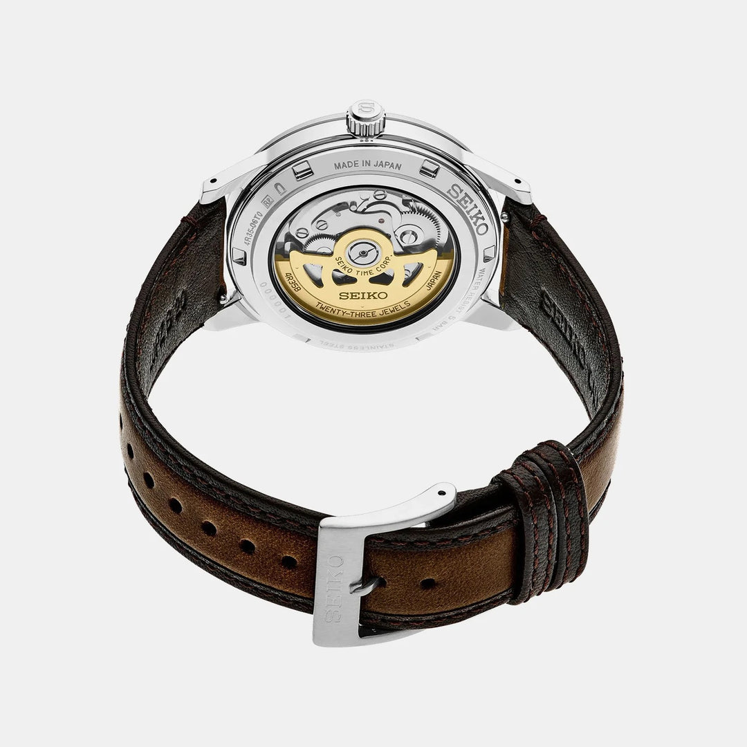 SEIKO PRESAGE STYLE 60S AUTOMATIC WATCH – 39.5MM GOLDEN YELLOW SECTOR DIAL LEATHER STRAP