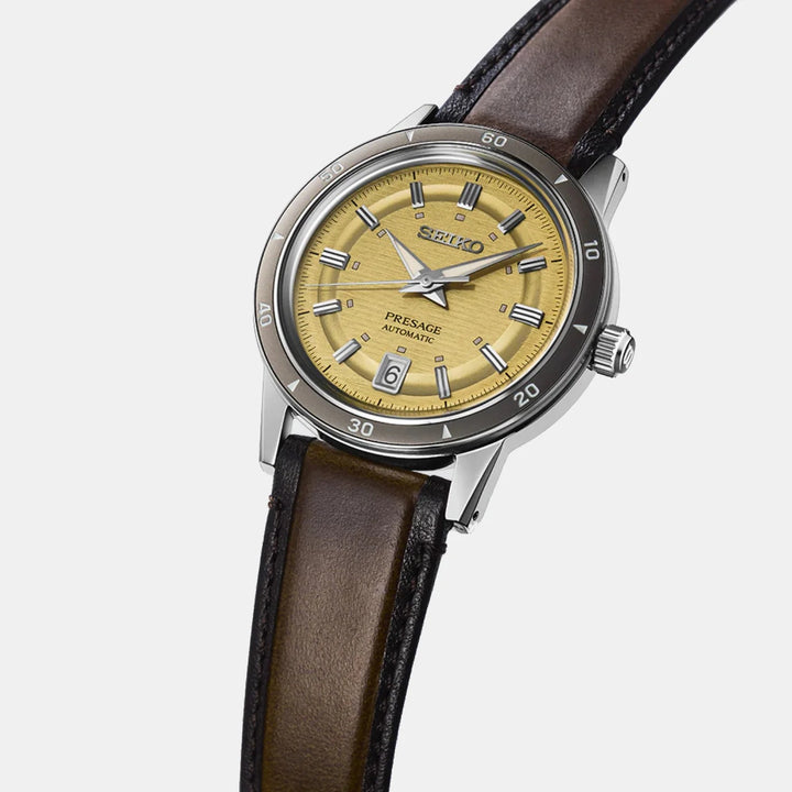 SEIKO PRESAGE STYLE 60S AUTOMATIC WATCH – 39.5MM GOLDEN YELLOW SECTOR DIAL LEATHER STRAP